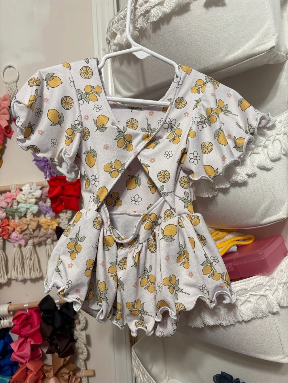 White Baby Peplum Romper with Yellow Lemon Print